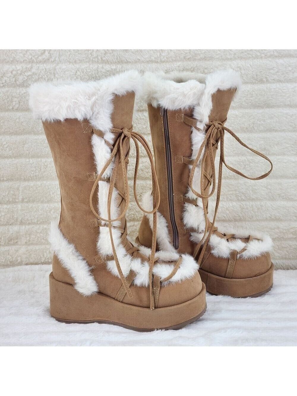 NIB DEMONIA Cubby 311 Stomper Tan Mammoth Platform Goth Punk Knee Boots NY - Picture 3 of 11